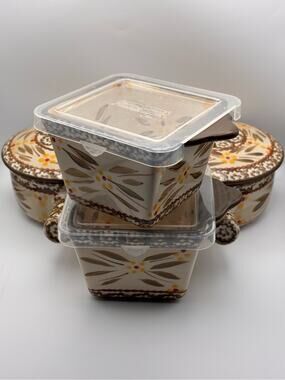Set of 4 Temptations Ovenware Square Ramekins & Soup Crocks Old World Brown